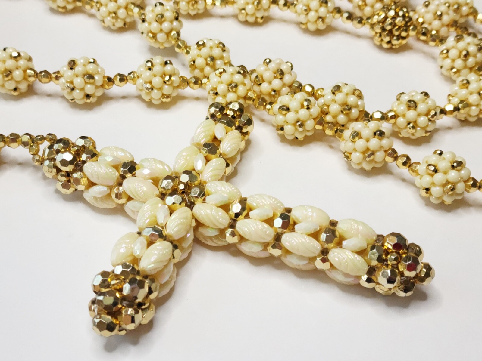 Vintage Large Jumbo Catholic Rosary Gold Cream Acrylic Cluster Beads Cross Vintage Large Jumbo Catholic Rosary Gold Cream Acrylic Cluster Beads Cross
