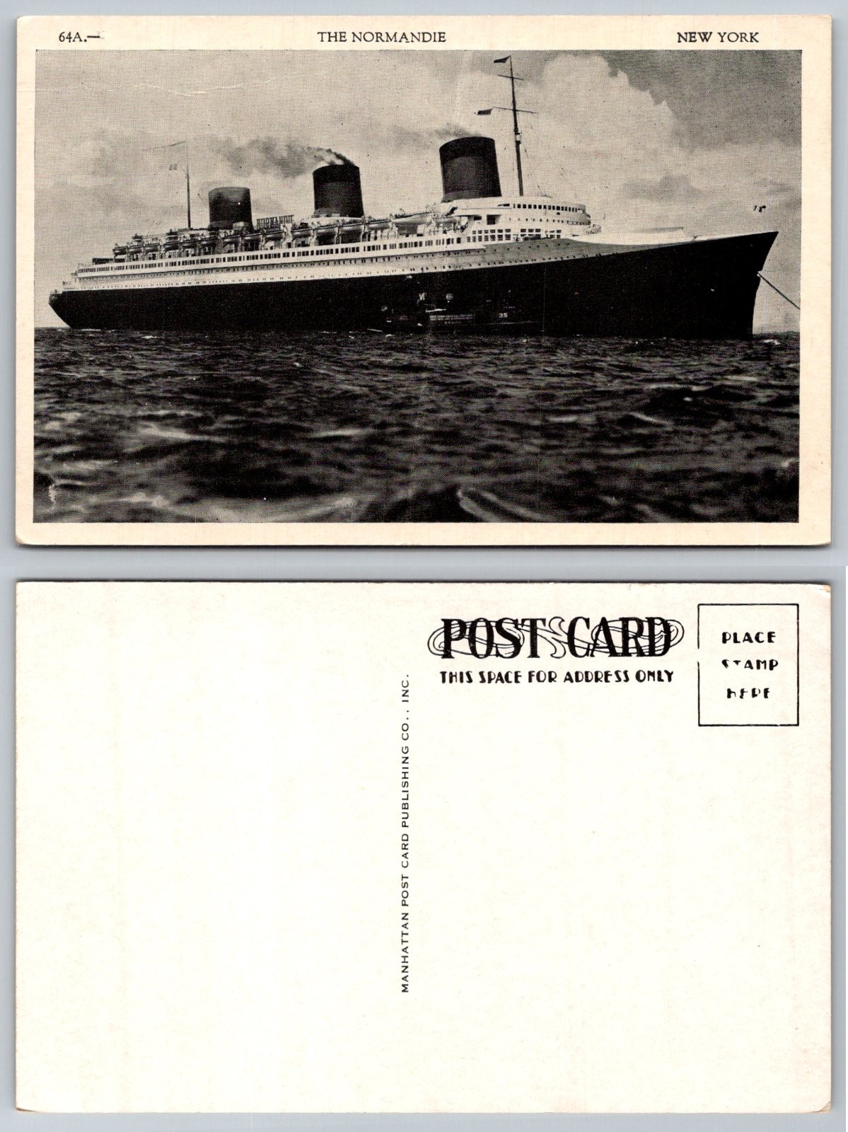 THE NORMANDIE Ocean Liner New York Harbor View Steamship Postcard