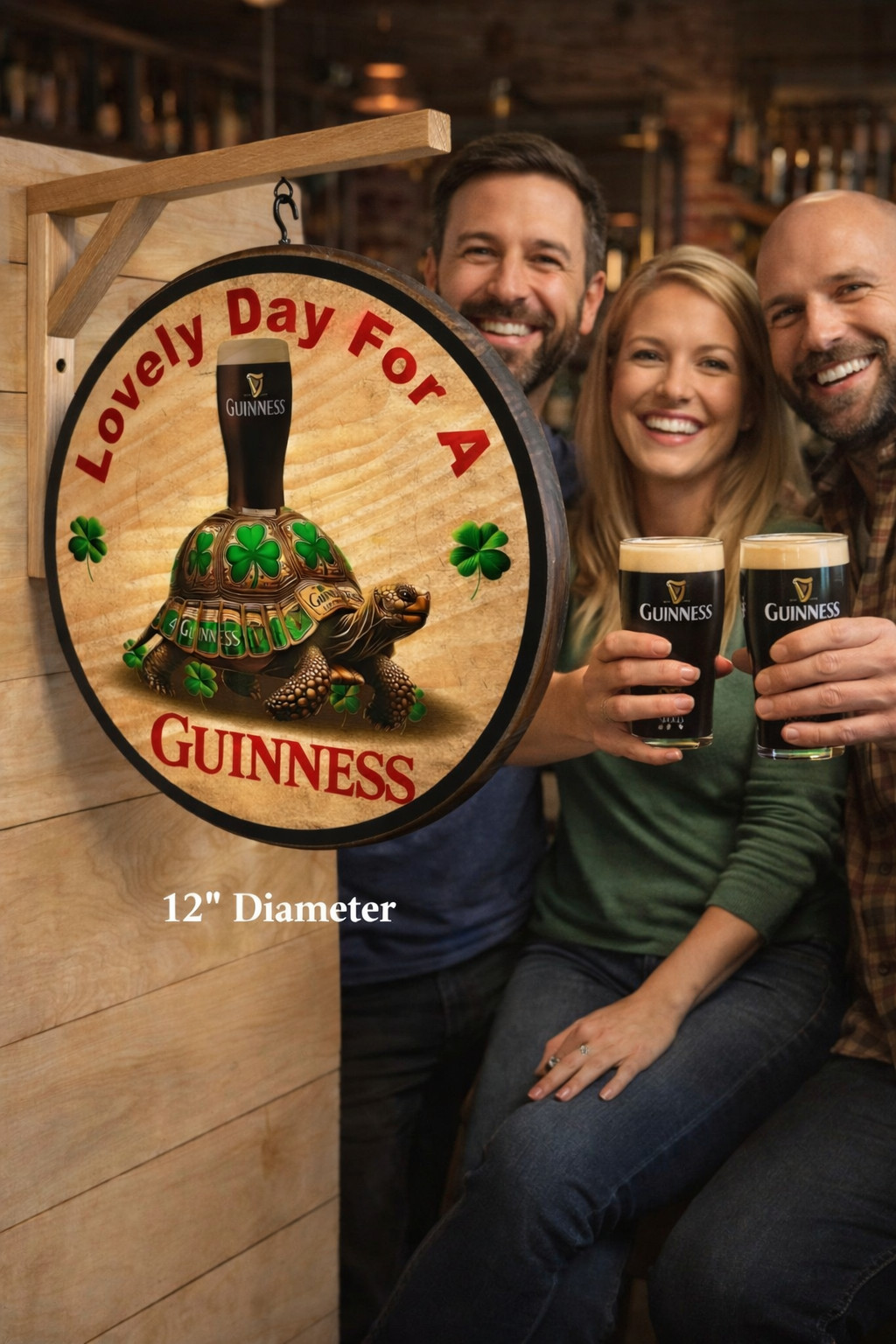 Guinness Irish Pub Sign - Double Sided - 12 inch dia. Includes Wooded Bracket
