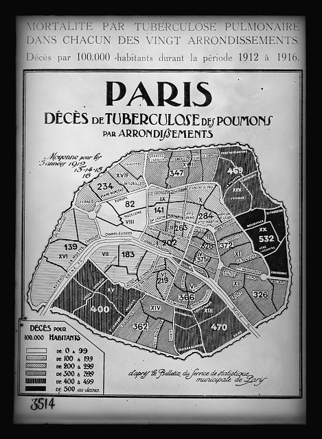 Paris France 1918 Tuberculosis Mortality Map by Arrondissements Chart