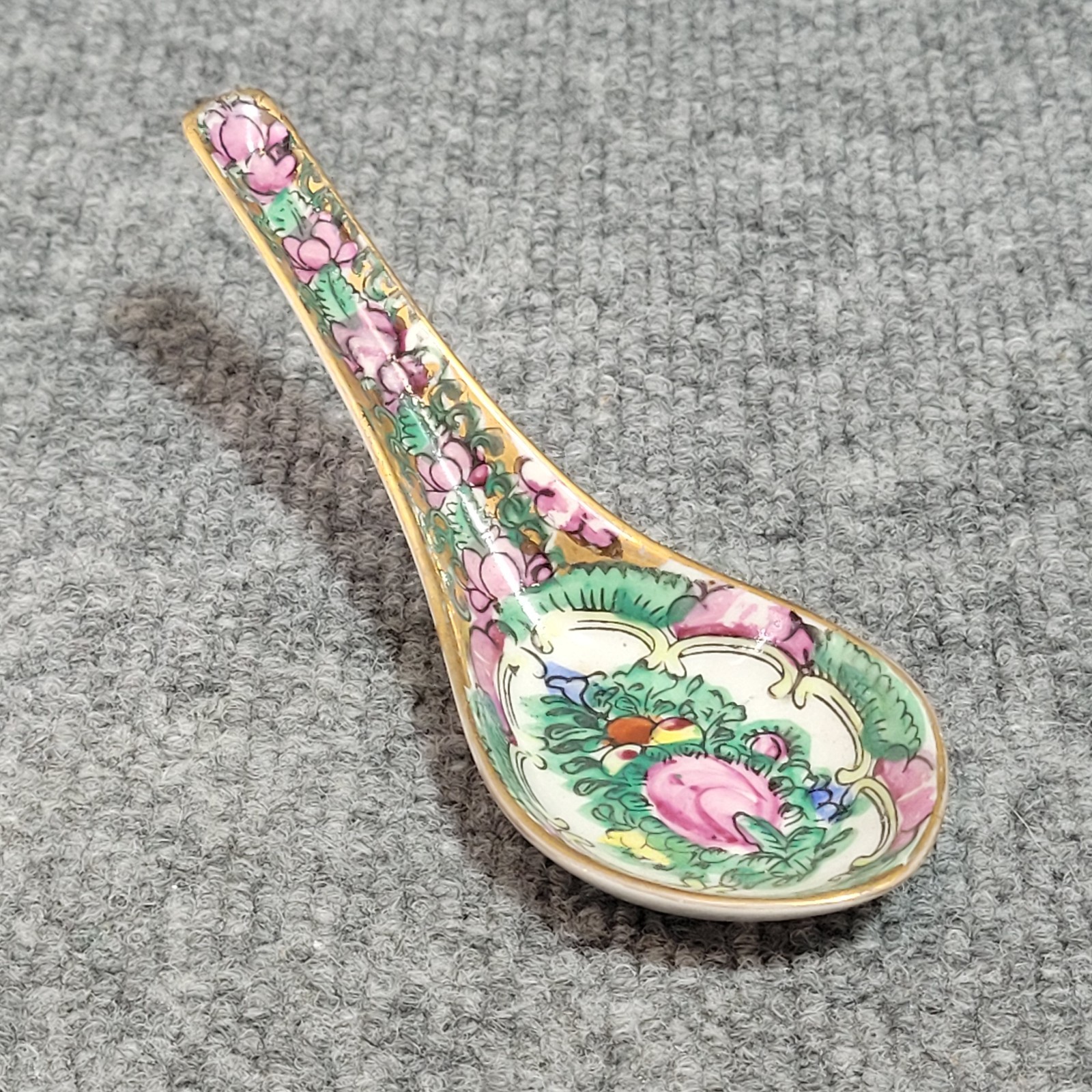 Vintage Japanese Porcelain Soup Spoon Hand Decorated in Hong Kong Pink Teal Vintage Japanese Porcelain Soup Spoon Hand Decorated in Hong Kong Pink Teal