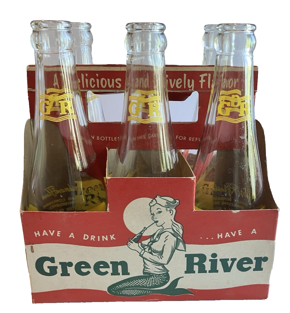 Vtg Green River Soda Six Pack Cardboard Carrier and Bottles 1950s Mermaid 8oz