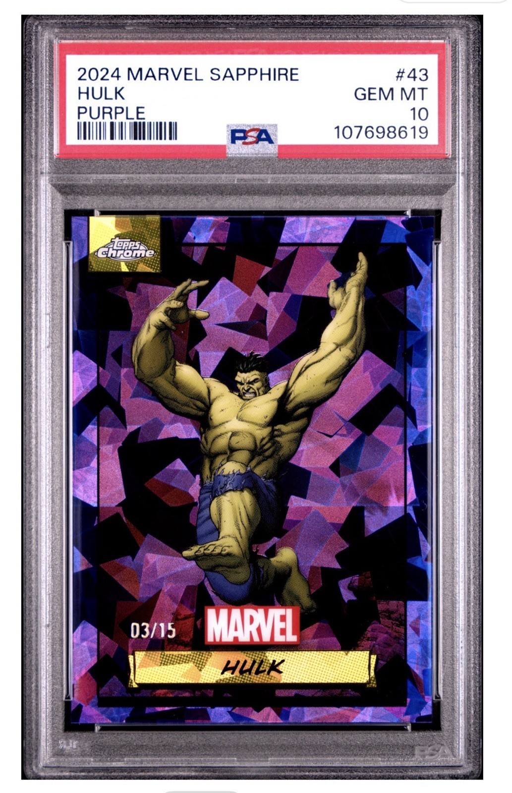 2024 Topps Chrome Marvel Sapphire Edition Purple /15 Hulk #43 PSA 10 Color Match 2024 Topps Chrome Marvel Sapphire Edition Purple /15 Hulk #43 PSA 10 Color Match