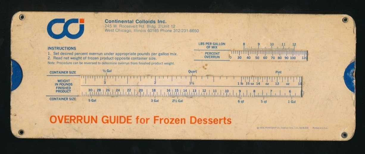 Vintage Slide Rule - Continental Colloids Overrun Guide for Frozen Deserts  3x8