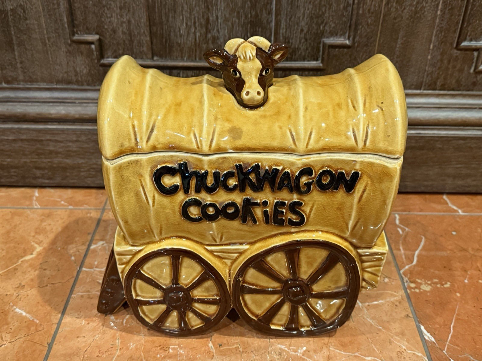 NORITAKE NORCREST CHUCKWAGON COOKIES WESTERN TAN BROWN COOKIE JAR LID MCM 1970S NORITAKE NORCREST CHUCKWAGON COOKIES WESTERN TAN BROWN COOKIE JAR LID MCM 1970S