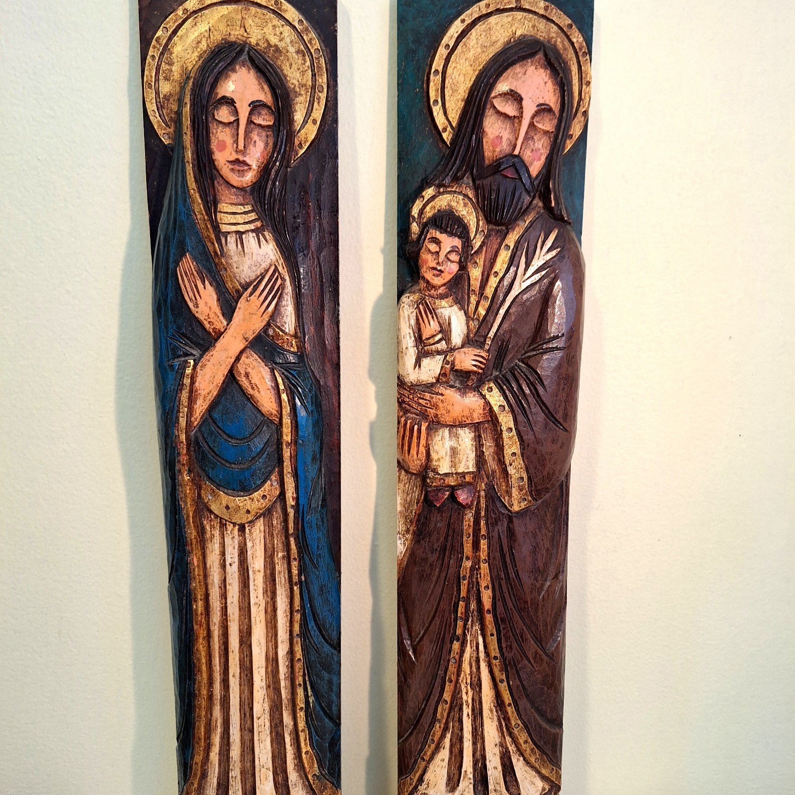 Holy Family MCM Spanish Hand Carved Sculpted VTG Wall Hanging Set Joseph, Mary 