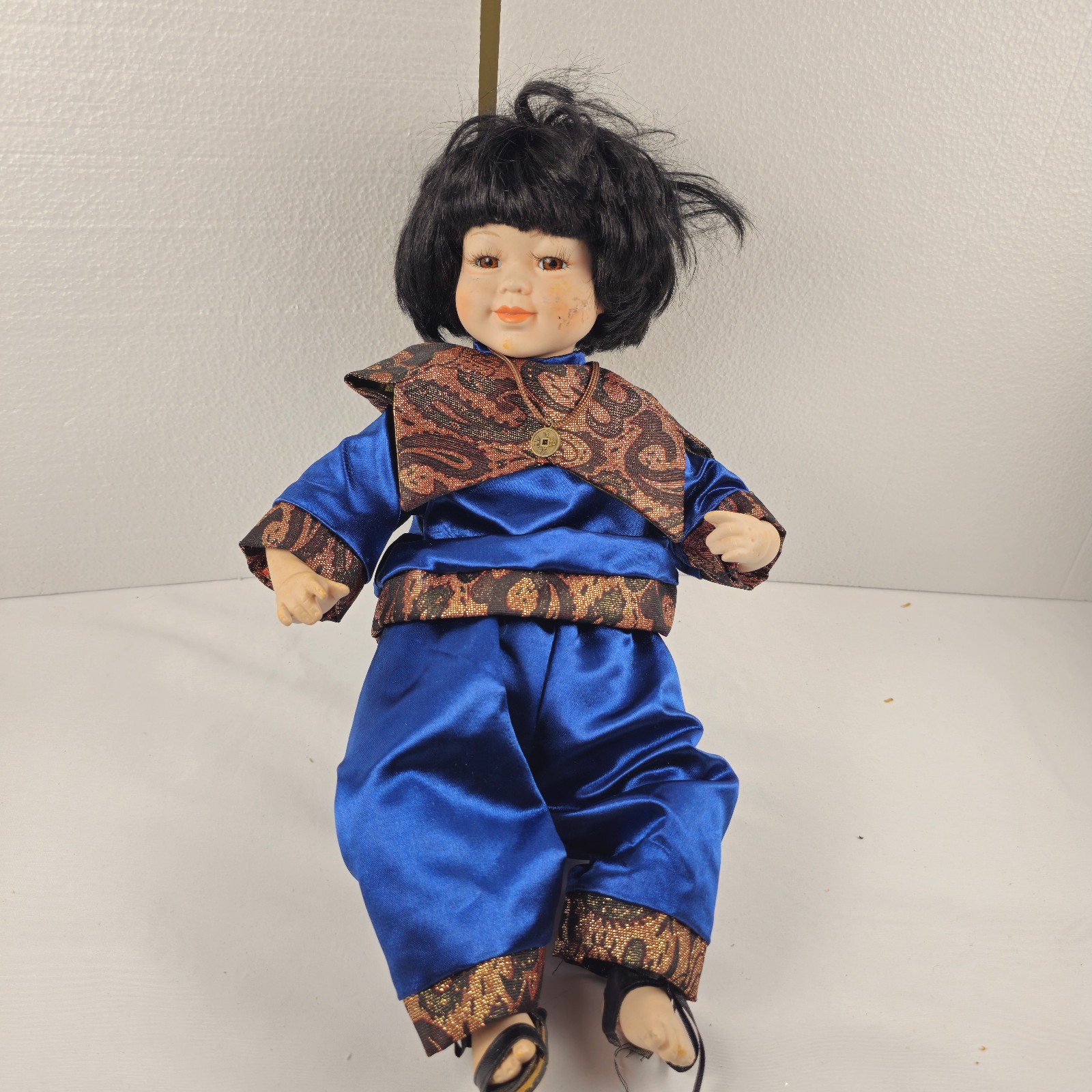 Porcelain Asian Doll Blue Satin Chinese Style Outfit Coin Pendant Torn Shoe VTG