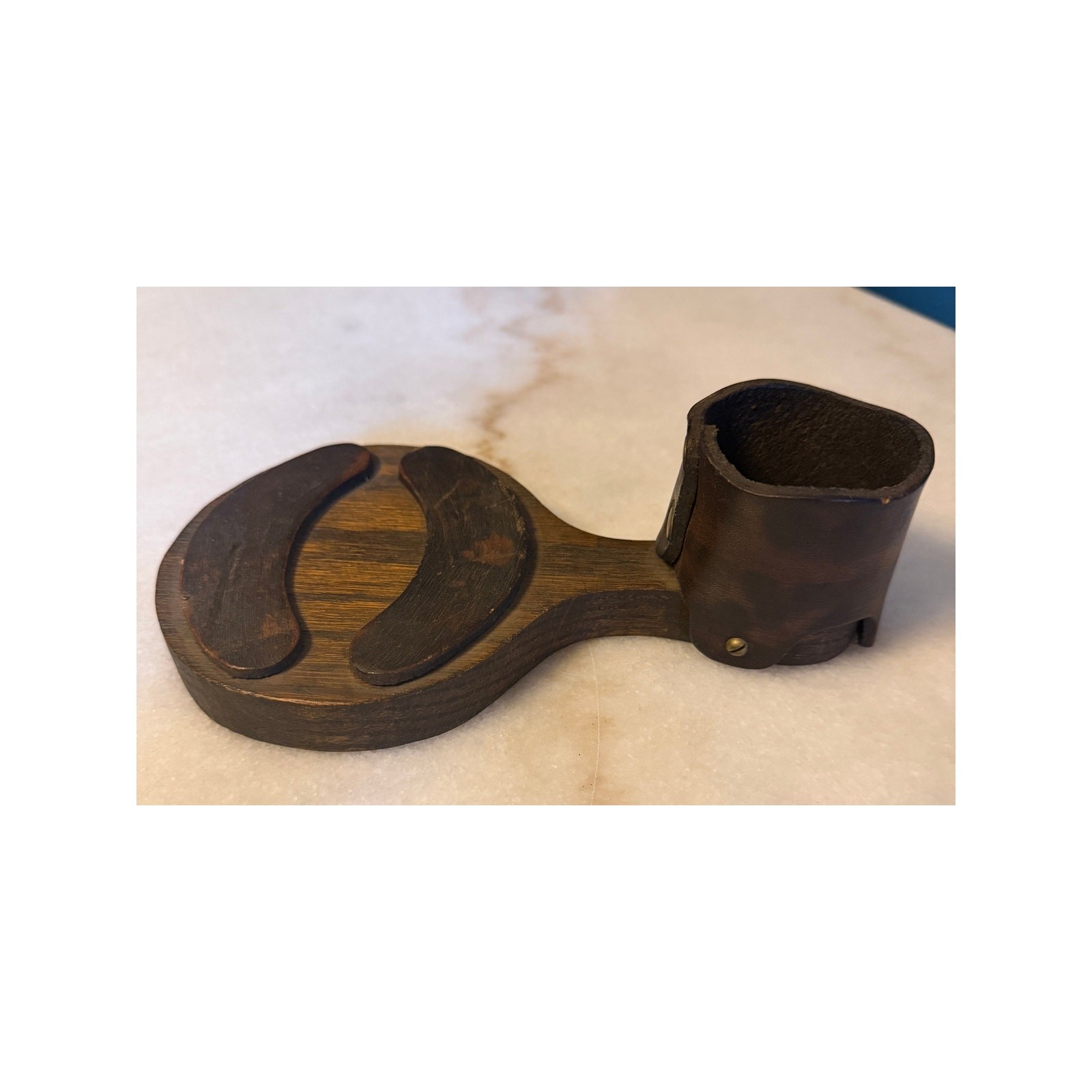 Vintage Wood Leather Tabletop Match Holder Striker Container Tobacciana
