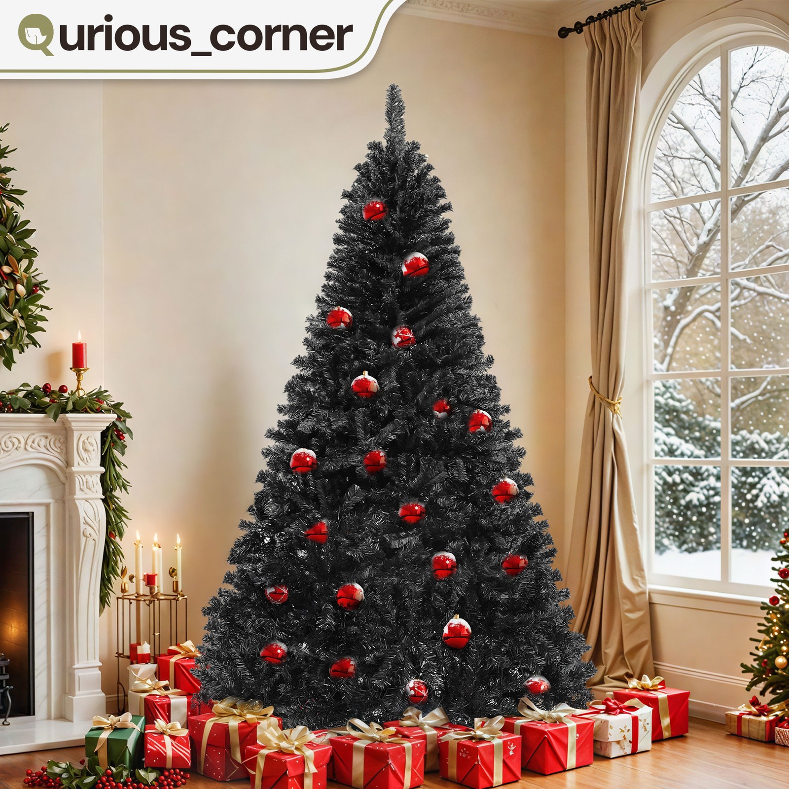 7.5 ft Black Christmas Tree 1258 Tips Easy Assembly Hinged Unlit Flame-Resistant