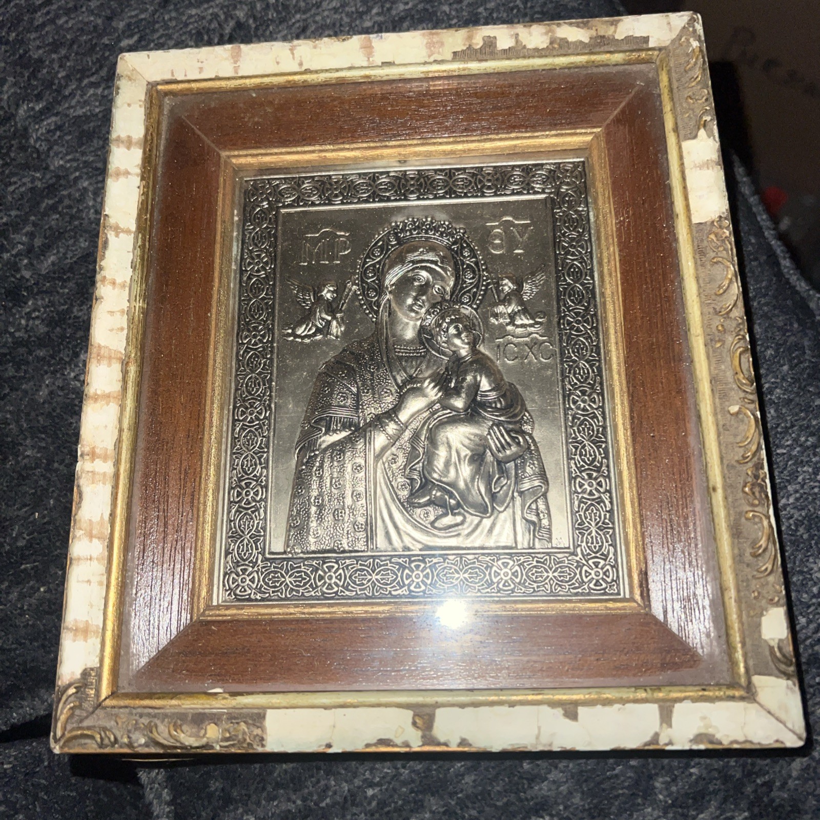 Greek Orthodox Silver Icon Our Lady of Perpetual Help Virgin Mary Wood Framed