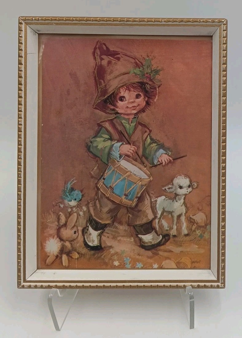 Vintage Framed Cleo RELIGIOUS CHRISTMAS Card, Luke Holiday Drummer Boy.