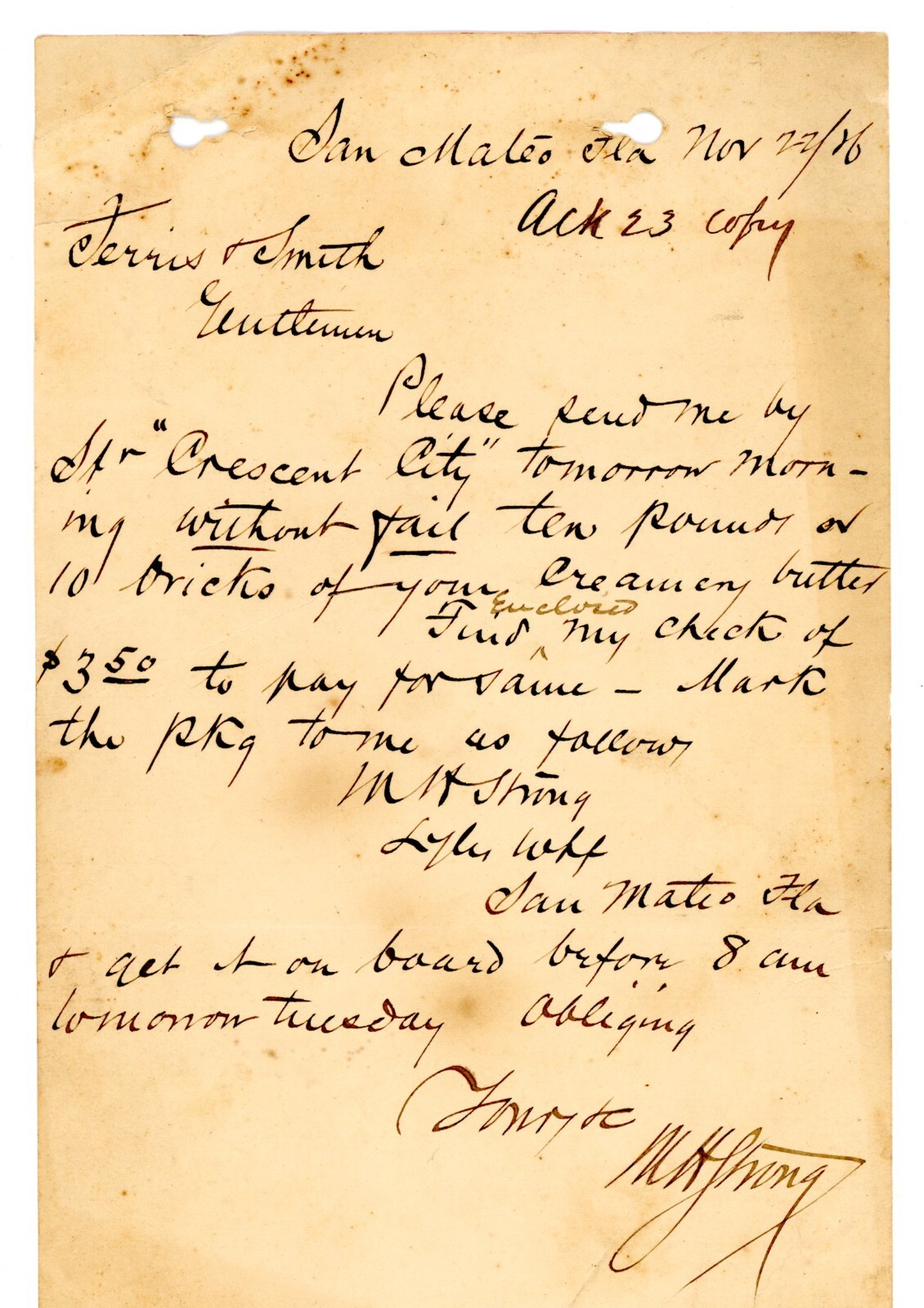 1886 Handwritten Letter from W.K. Strong to Ferris & Smith San Mateo Florida 1886 Handwritten Letter from W.K. Strong to Ferris & Smith San Mateo Florida
