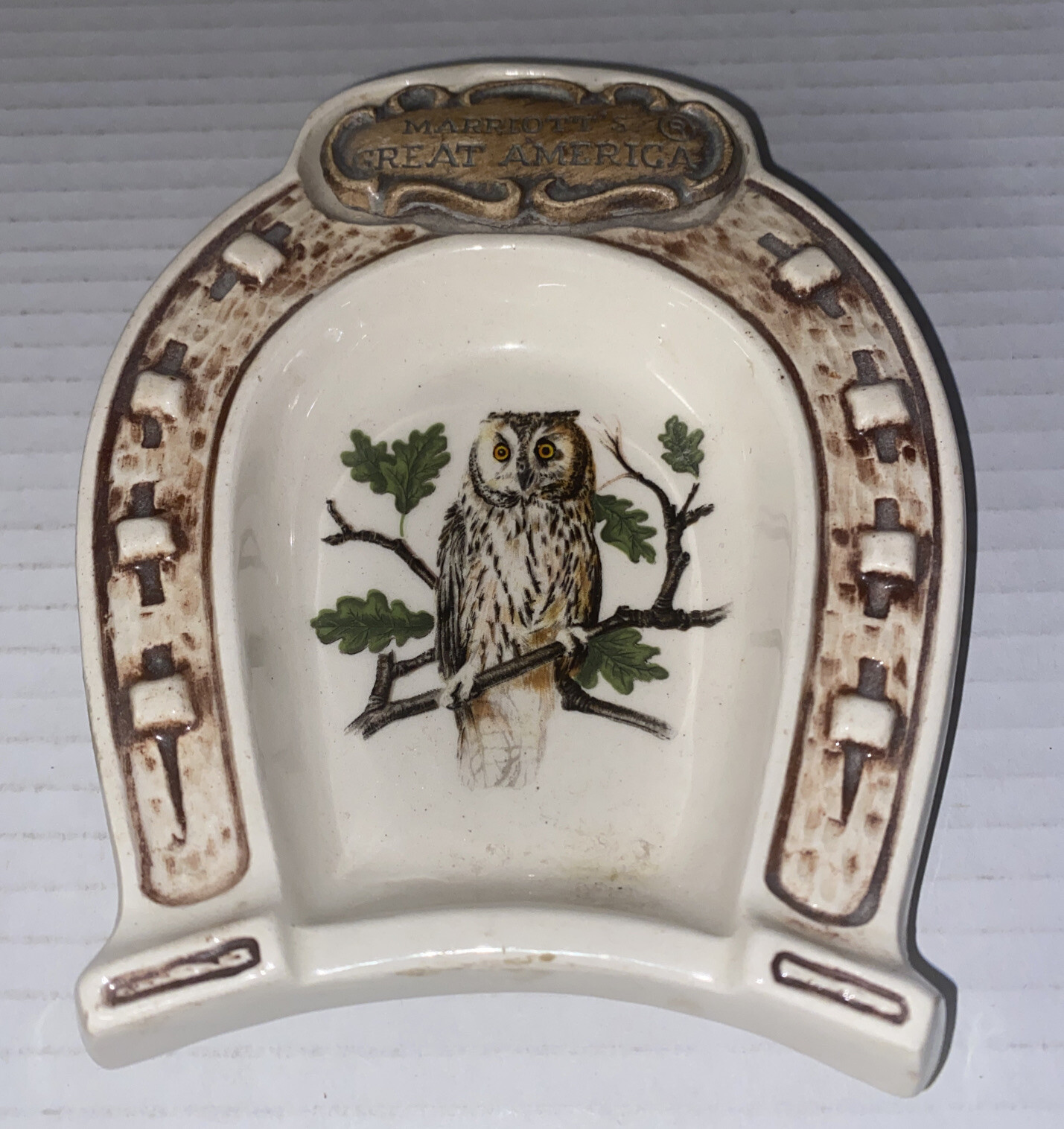 VTG Marriotts GREAT AMERICA Souvenir Ash Tray OWL Horseshoe Treasure Craft USA VTG Marriotts GREAT AMERICA Souvenir Ash Tray OWL Horseshoe Treasure Craft USA