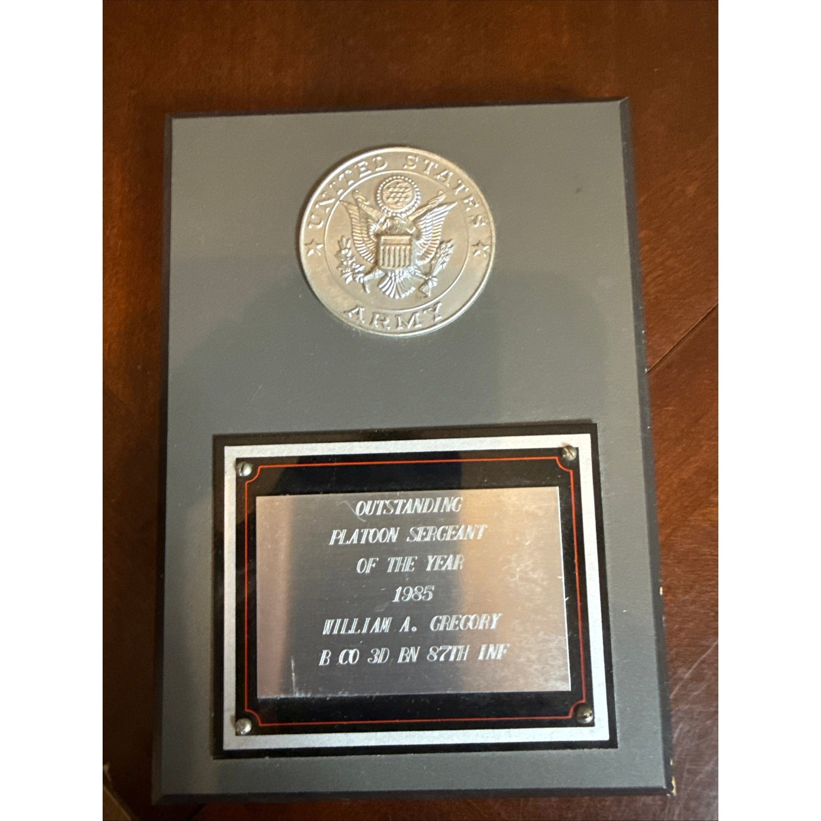 vtg 1985 US Army Outstanding Platoon Sergeant of the Year Award Plaque 87th INF