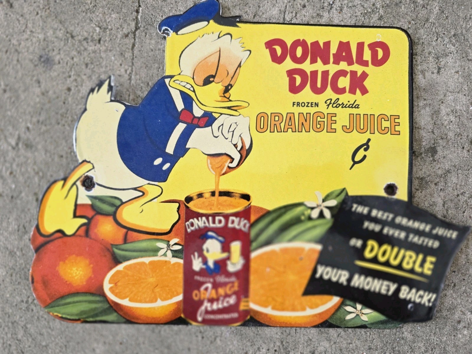 1950\'S VINTAGE DONALD DUCK ORANGE JUICE PORCELAIN SIGN 12\ 1950\'S VINTAGE DONALD DUCK ORANGE JUICE PORCELAIN SIGN 12\