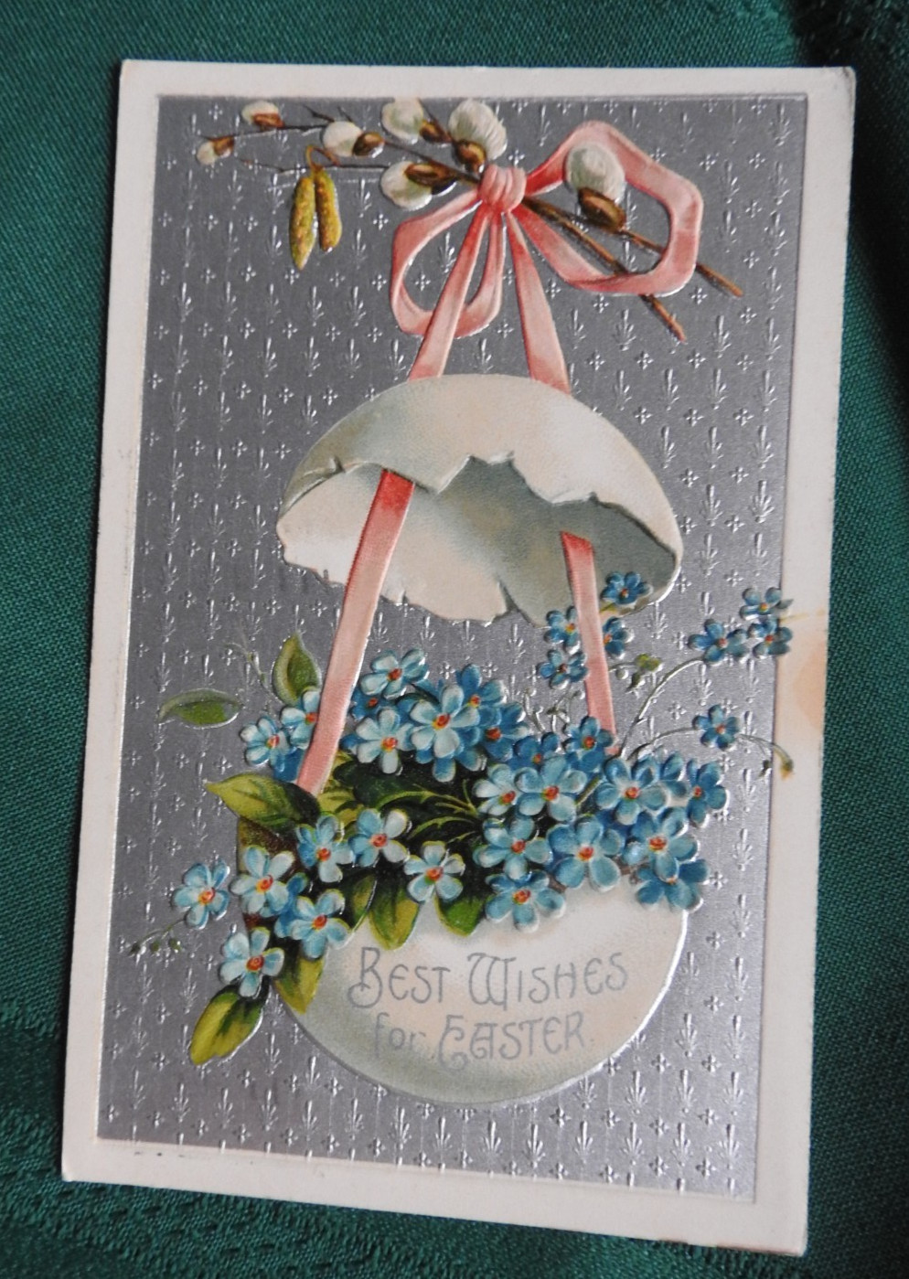 Antique 1909 EASTER Postcard -Pussy Willows, Flowers, Egg Basket, Silver, IAP Co Antique 1909 EASTER Postcard -Pussy Willows, Flowers, Egg Basket, Silver, IAP Co