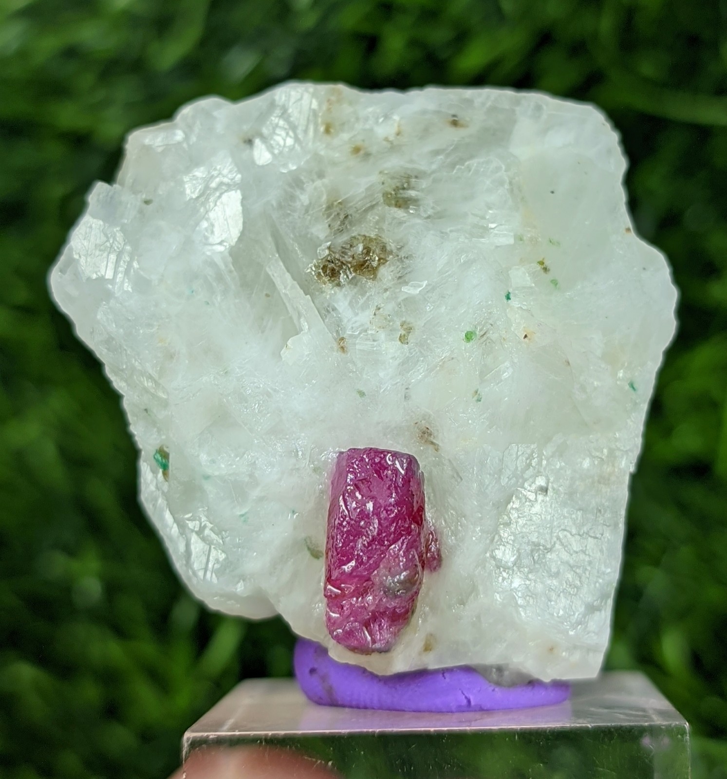 55-gm Fluorescent Red Ruby Corundum Crystal on marble with Micro Green Pargasite