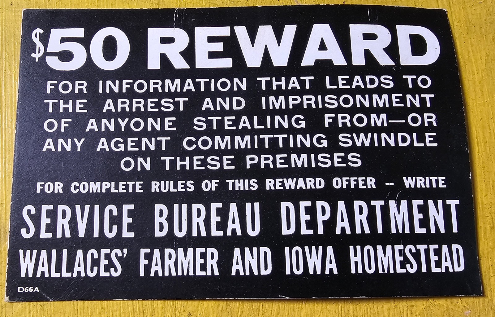 Vintage Wallaces’ Farmer Iowa Homestead $50 Reward Sign Antique Farm Advertising Vintage Wallaces’ Farmer Iowa Homestead $50 Reward Sign Antique Farm Advertising