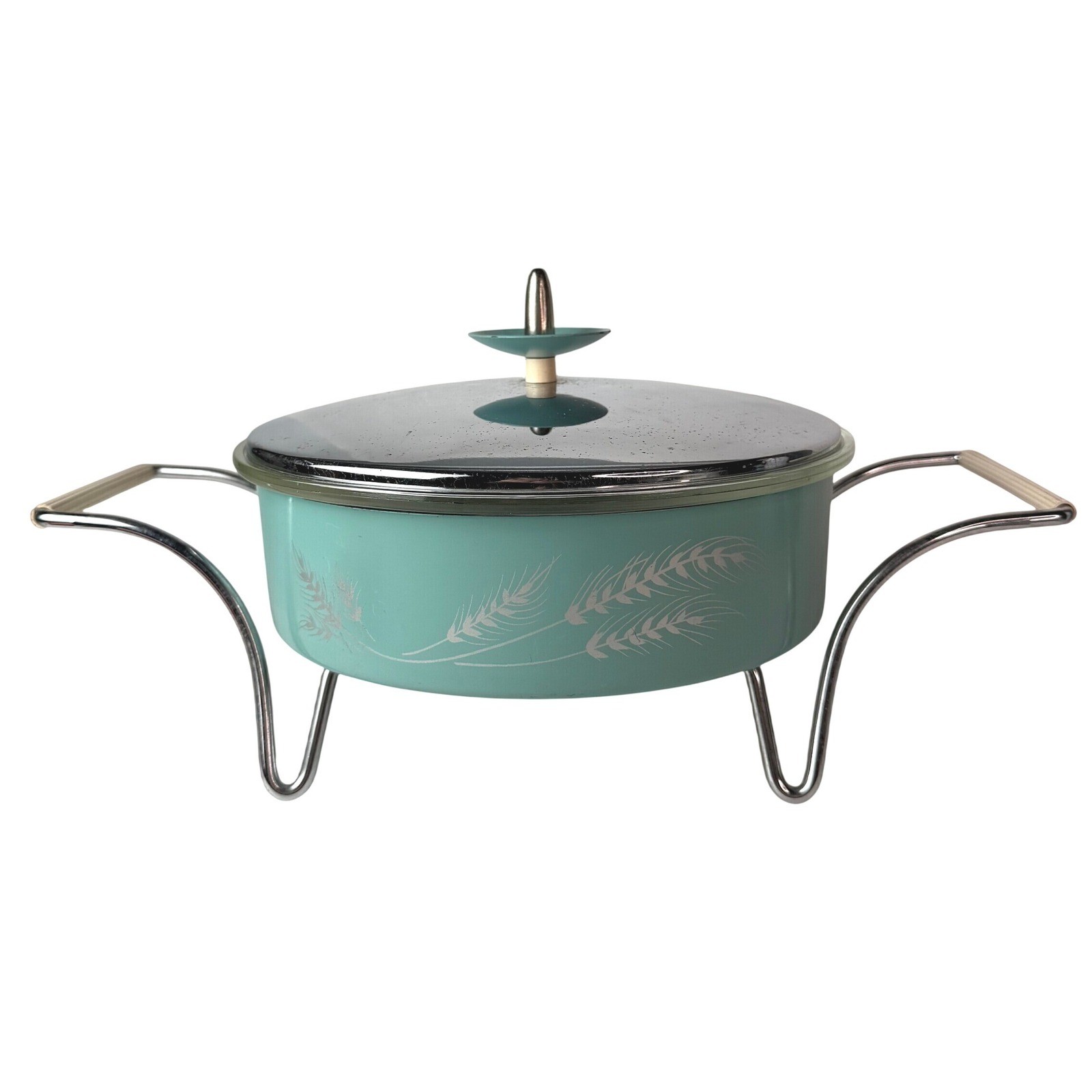 RARE Vtg Pyrex Atomic Turquoise Wheat 595 Chafing Serving Dish Chrome Cradle Lid RARE Vtg Pyrex Atomic Turquoise Wheat 595 Chafing Serving Dish Chrome Cradle Lid