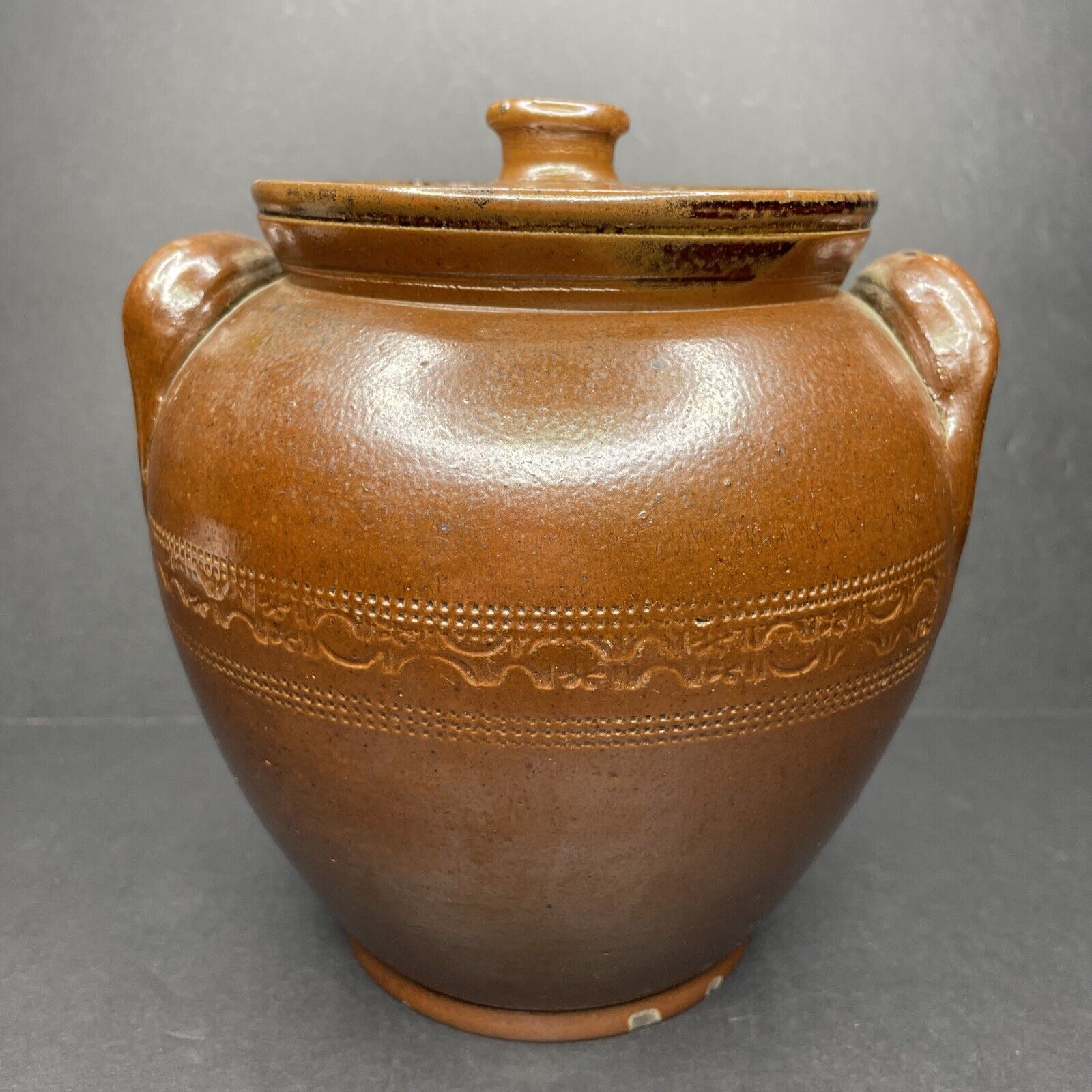 Antique c1890-1910s Clay Stoneware Tobacco Pot Glazed Jar With Lid Handmade