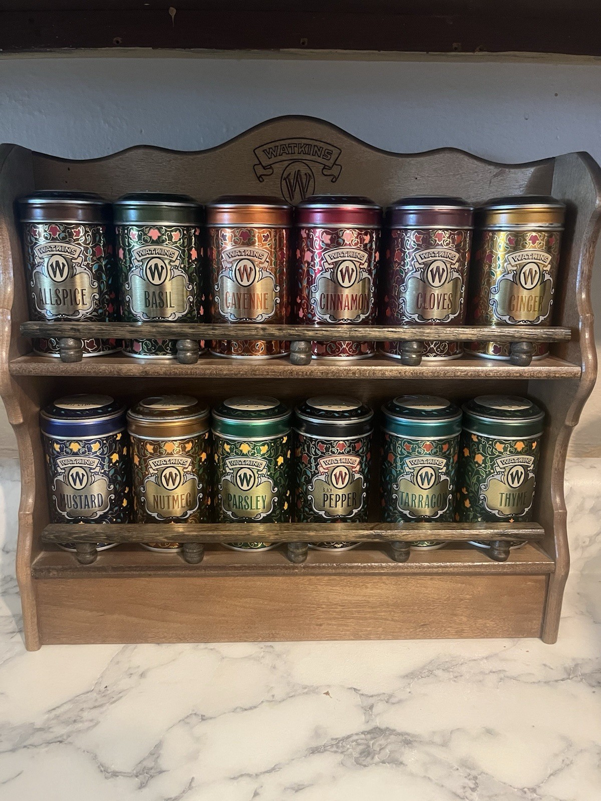 Vintage Watkins Spice Rack and 12 Spice Tins Never Used Vintage Watkins Spice Rack and 12 Spice Tins Never Used