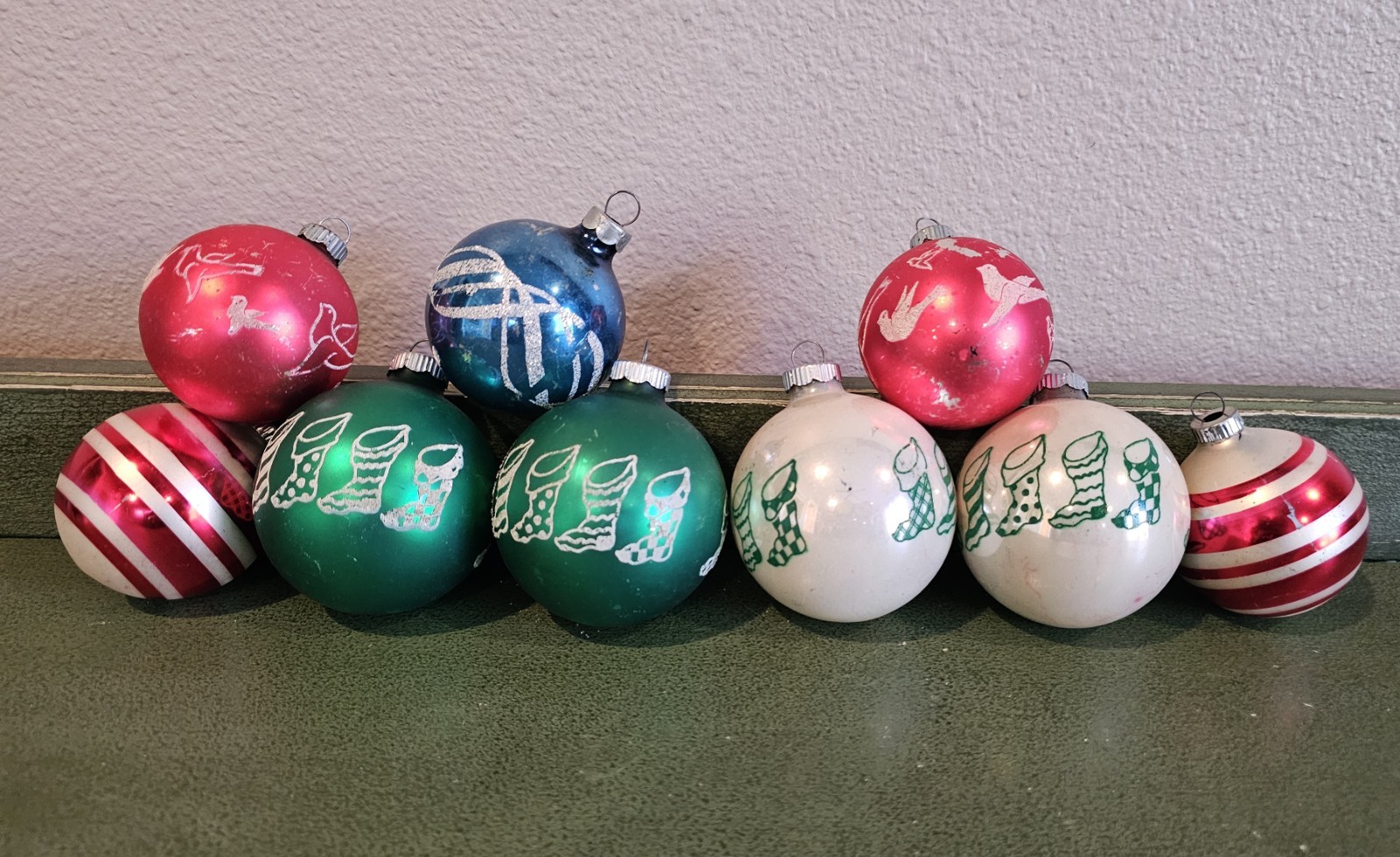 Vintage Shiny Brite Christmas Ornaments Stockings Stripes Birds Red Green Blue 9