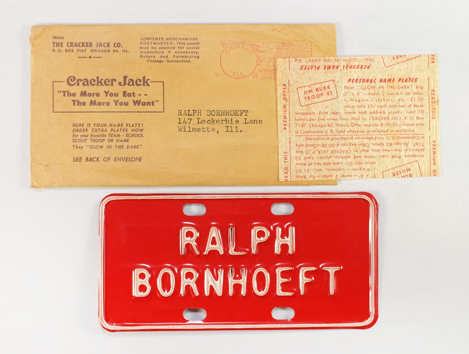 Cracker Jack Custom Name Bicycle License Plate with Envelope – Vintage 1940s