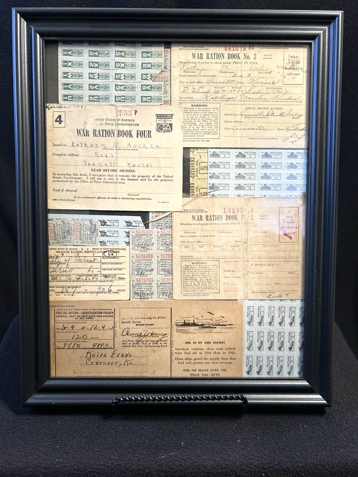 Framed collection, World War II Ration Books, And Unused Ration Stamps Framed collection, World War II Ration Books, And Unused Ration Stamps