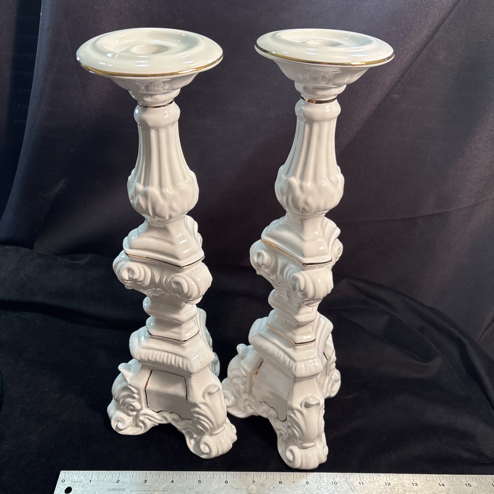 Vintage Pair Classical Column Candlesticks White Porcelain Gold Accents Freeship Vintage Pair Classical Column Candlesticks White Porcelain Gold Accents Freeship