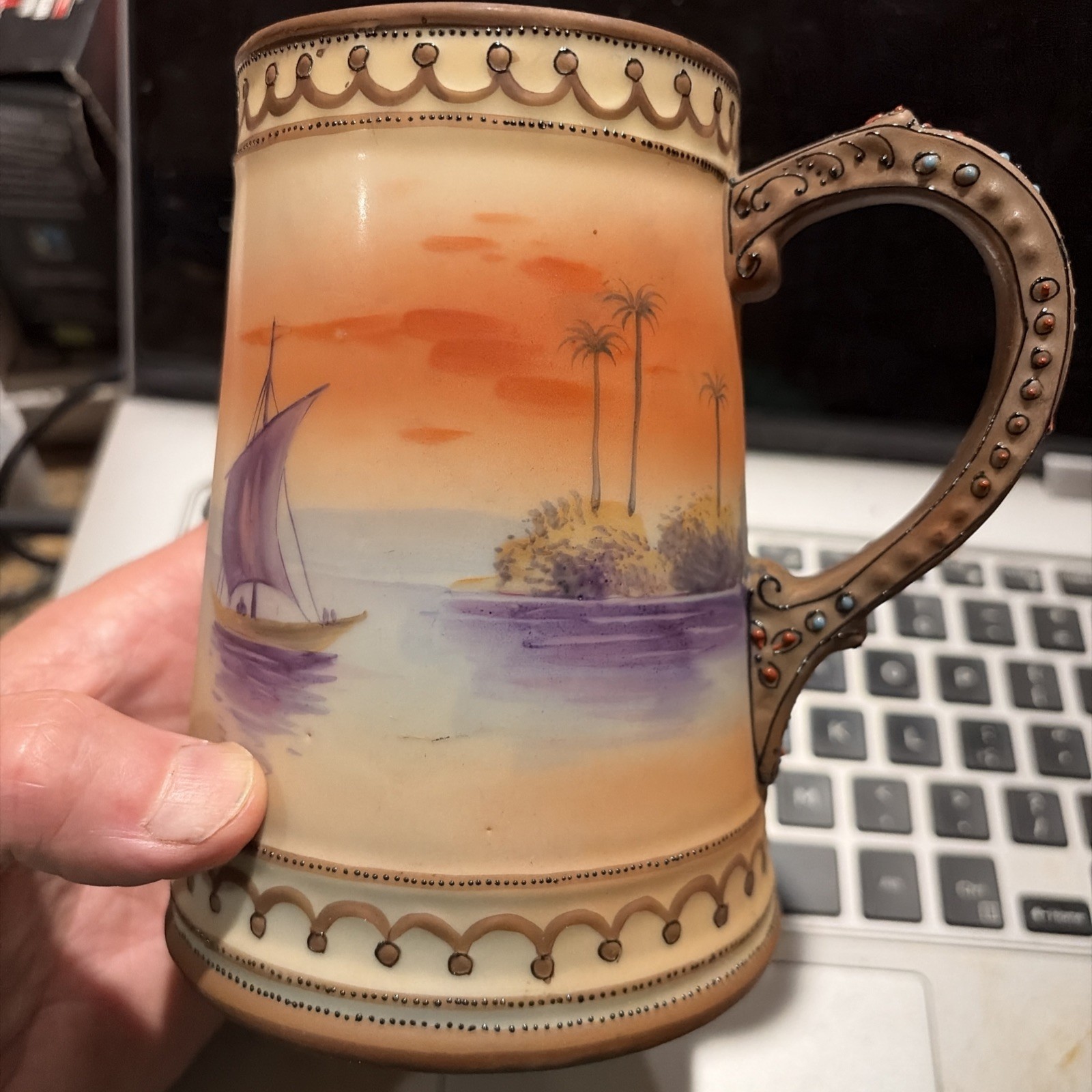 Nippon Moriage Stein Antique Hand Painted Tankard Mug Sailboat & Palm Trees RARE Nippon Moriage Stein Antique Hand Painted Tankard Mug Sailboat & Palm Trees RARE