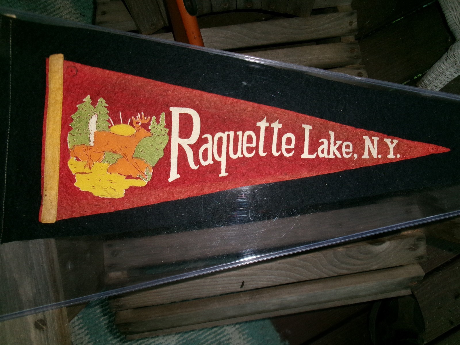 RAQUETTE LAKE  NY VINTAGE DEER PENNANT   ADIRONDACKS  NY BLUE MT. INLET NY