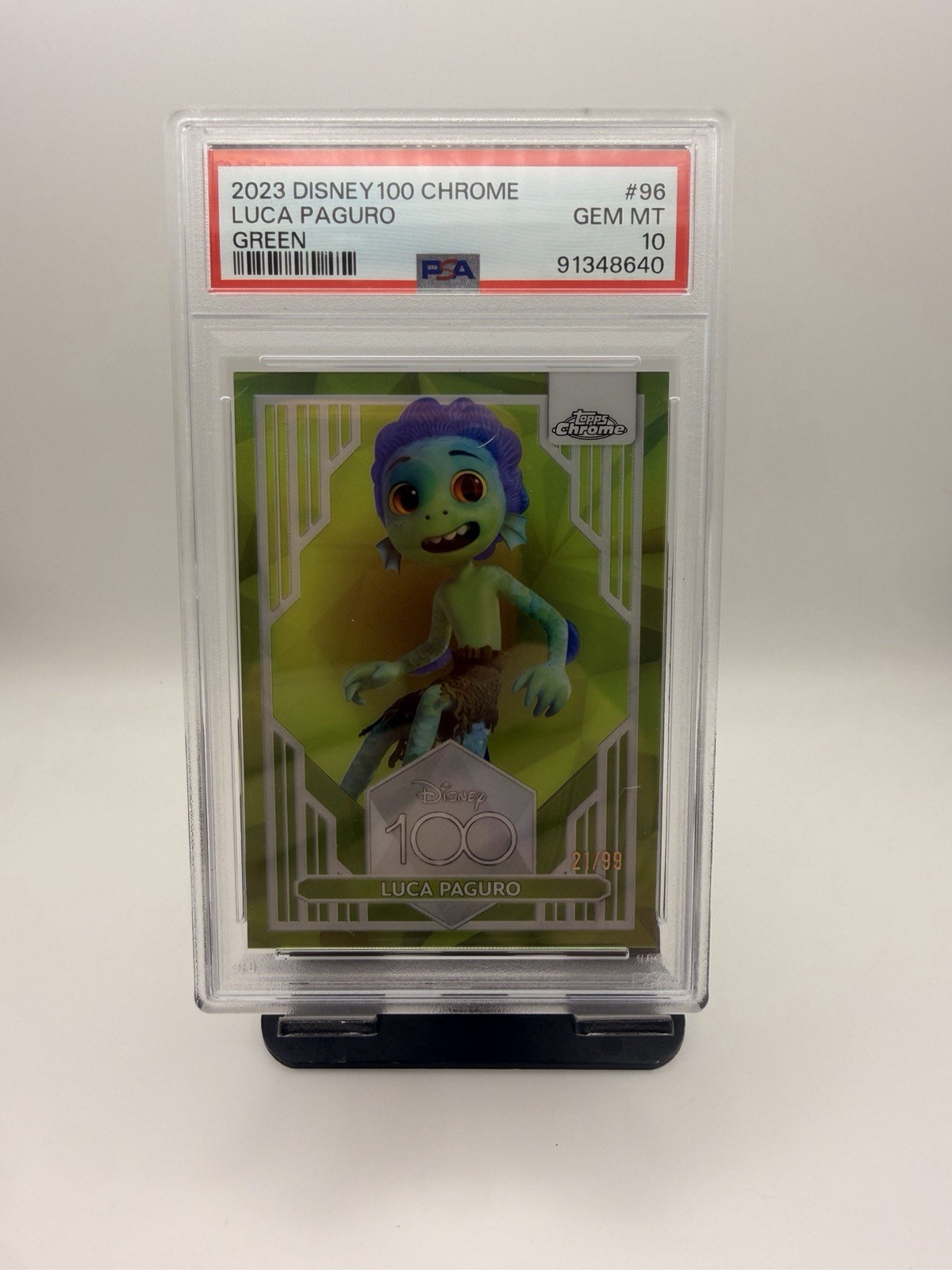 Topps 2023 Disney100 Chrome Luca Paguro #96 Green Parallel PSA 10 /99 Topps 2023 Disney100 Chrome Luca Paguro #96 Green Parallel PSA 10 /99