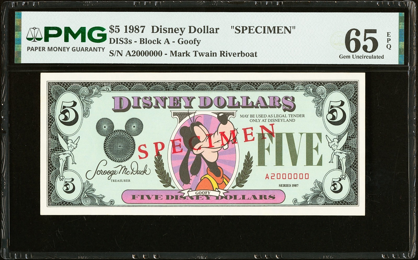 Rare 1987 $5 Disney Dollar Proprietary Specimen PMG Gem Uncirculated 65 EPQ Rare 1987 $5 Disney Dollar Proprietary Specimen PMG Gem Uncirculated 65 EPQ