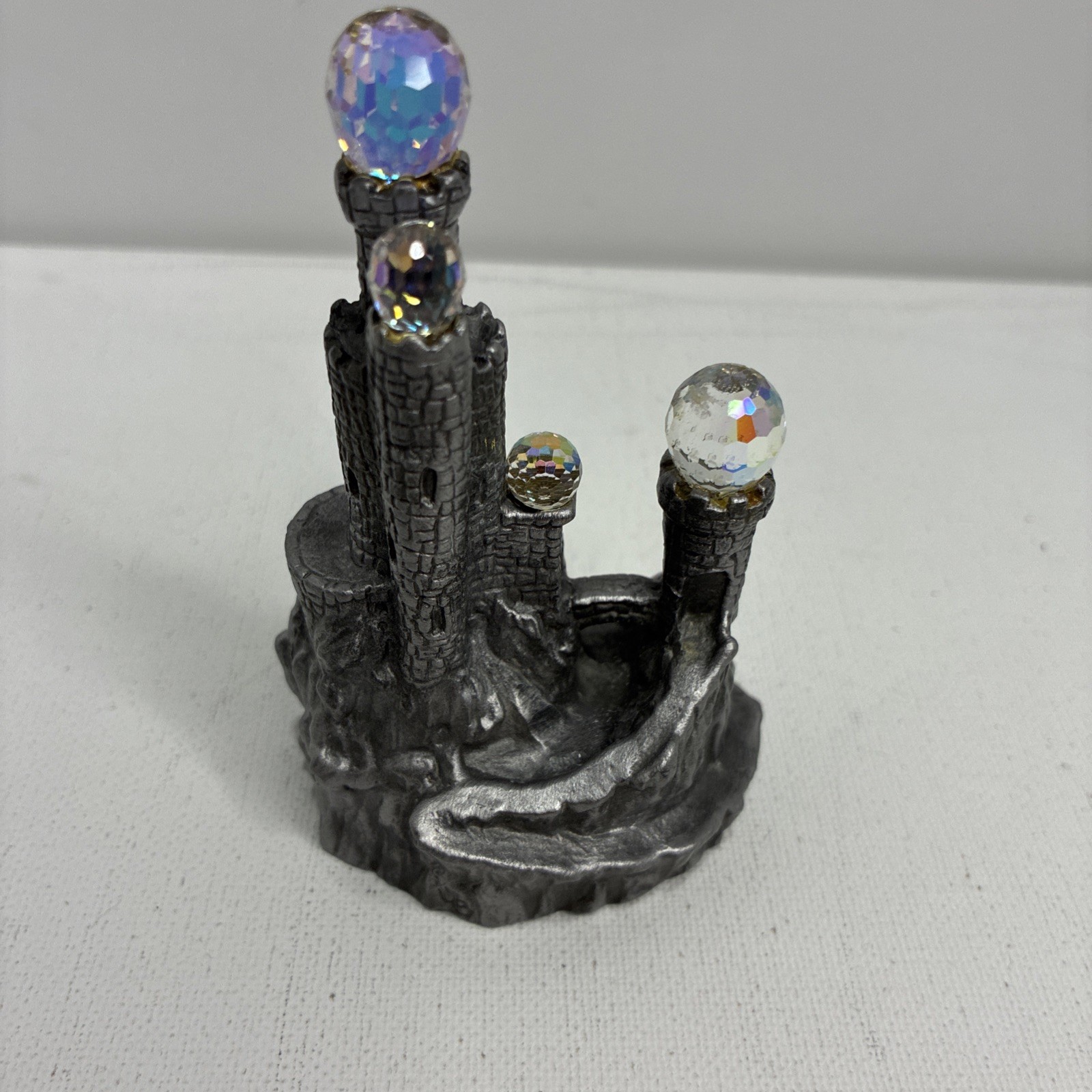 Vintage miniature fantasy castle figurine, solid fine pewter, crystal spheres