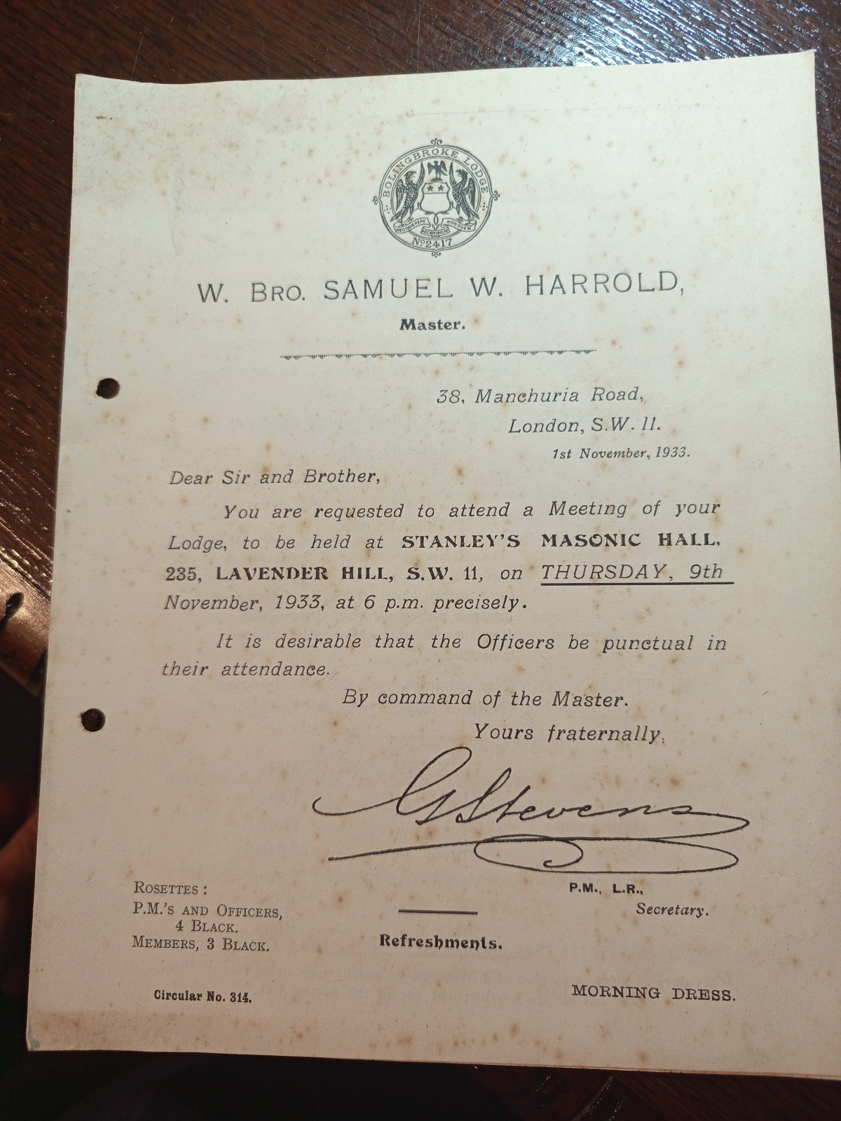 1933 Boligbroke Lodge No 2417 Samuel W. Harrold Freemasonry masonic/1012 1933 Boligbroke Lodge No 2417 Samuel W. Harrold Freemasonry masonic/1012