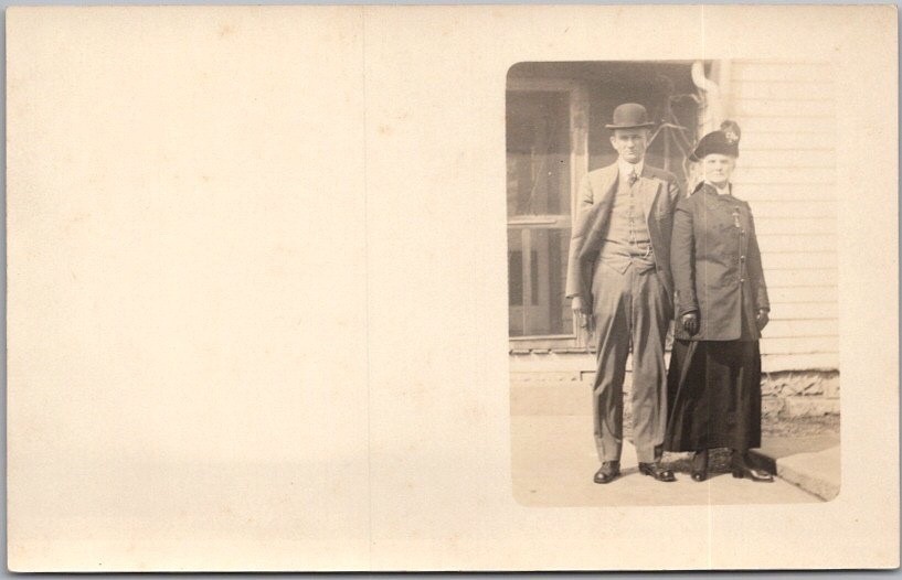 c1910s Real Photo RPPC Postcard Well-Dressed Couple in Front of House - Unused