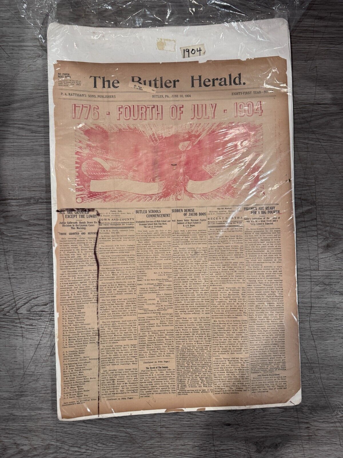 The Butler Herlald June 30th 1904 Fourth of July Newspaper