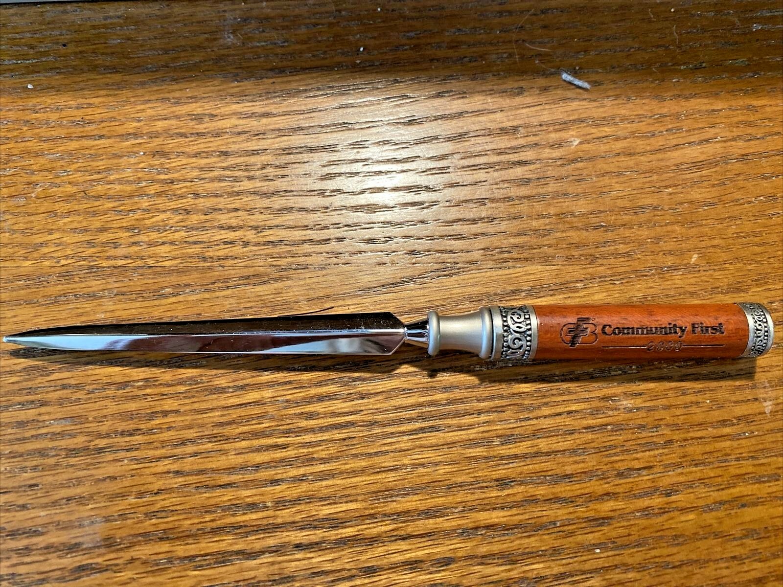 Vintage Community First Bank Fargo ND 2000 Wood & Scrolled Letter Opener, NOS Vintage Community First Bank Fargo ND 2000 Wood & Scrolled Letter Opener, NOS