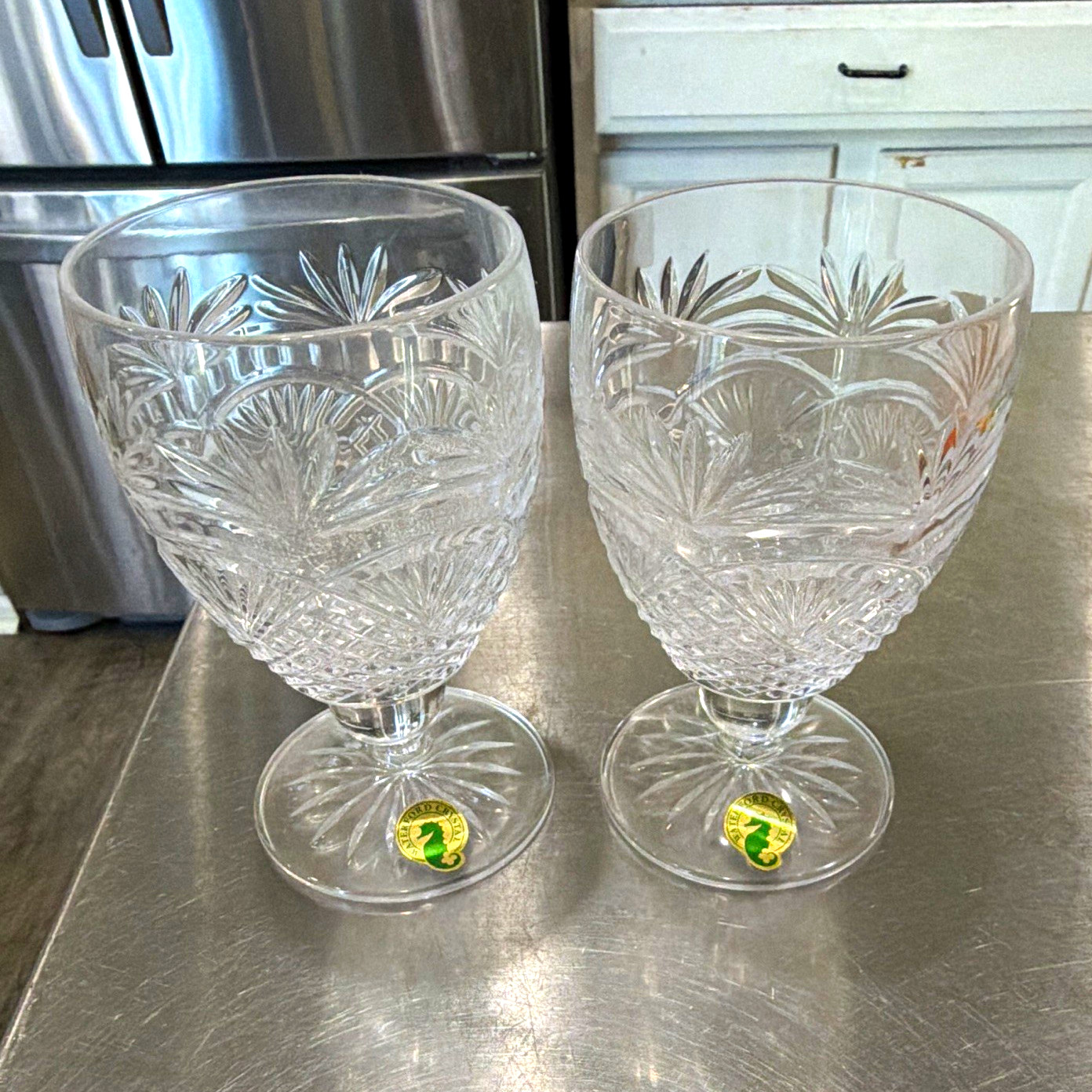 Waterford Crystal Clear Etched Crystal Round Wine Glasses Set of 2, For 2 Waterford Crystal Clear Etched Crystal Round Wine Glasses Set of 2, For 2