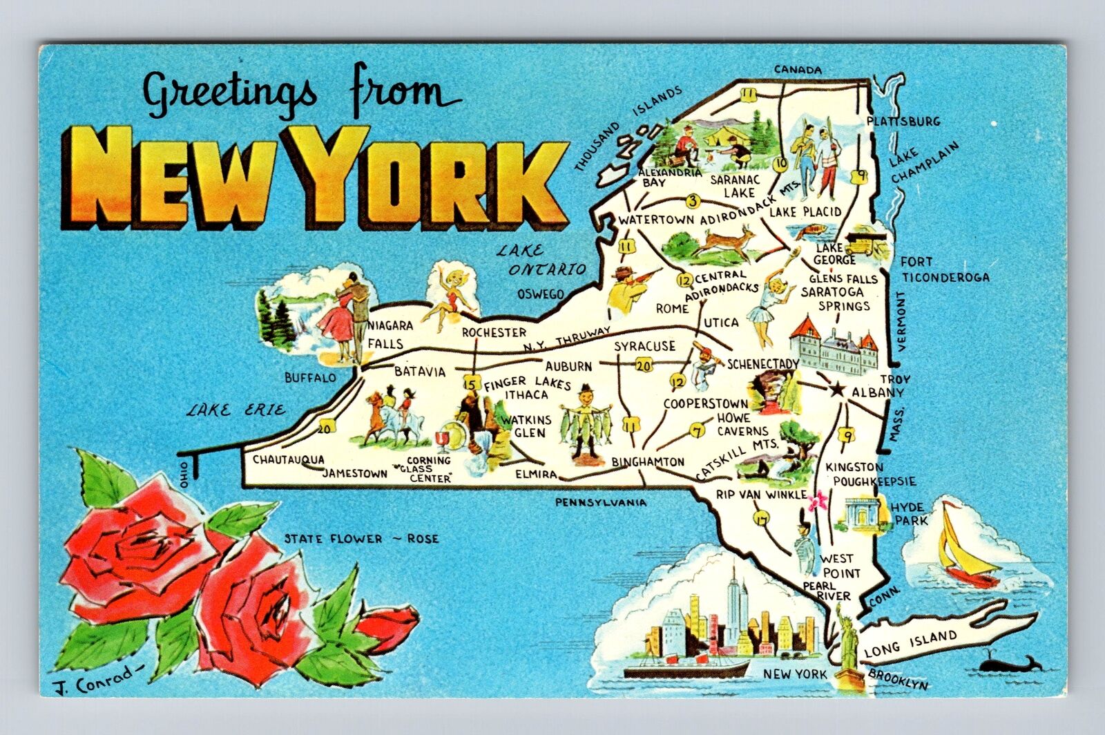 NY-New York, Map And Landmarks, General Greetings, Antique, Vintage Postcard
