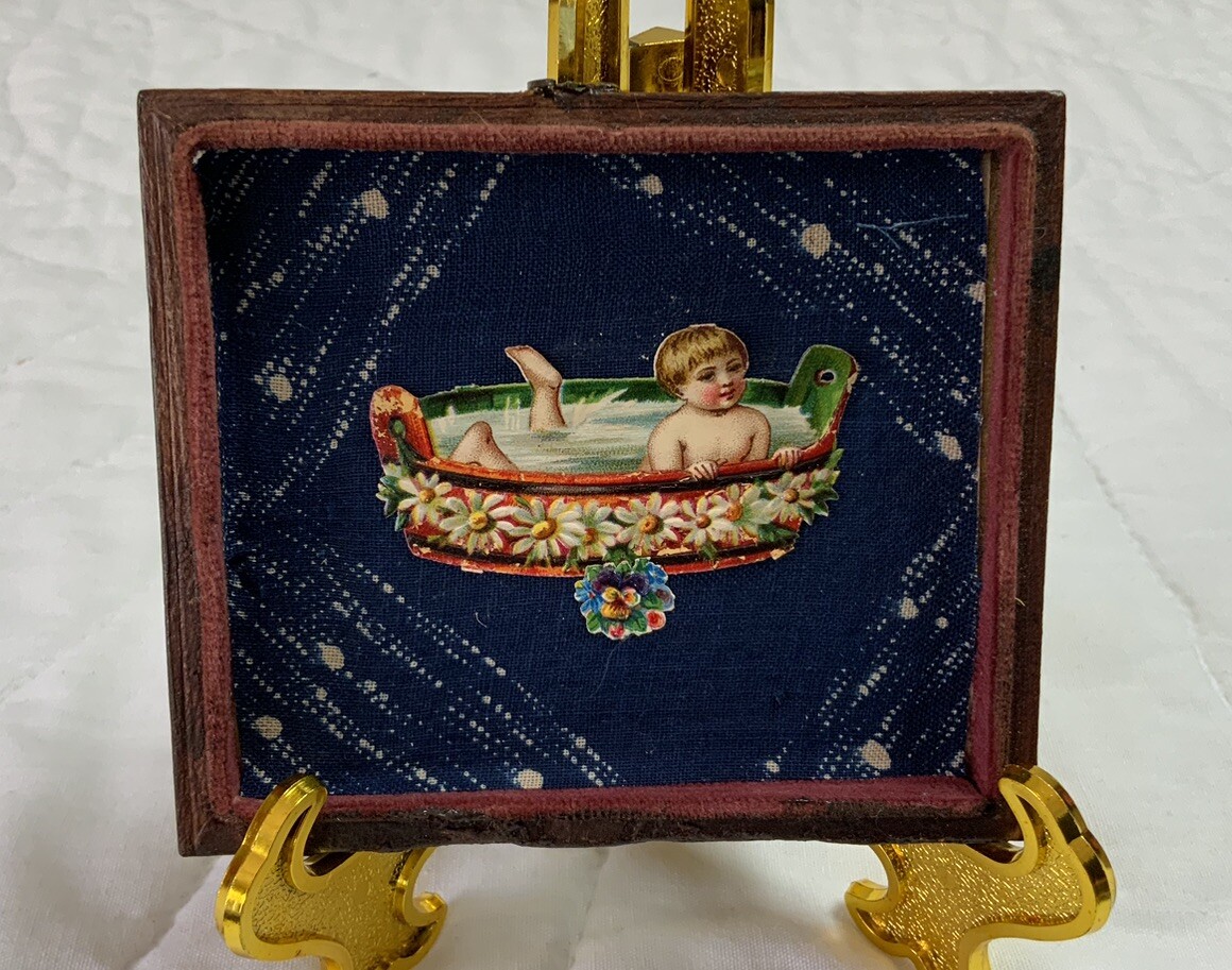 Vintage Antique Victorian Die Cut Framed, Union Case, Antique Fabric, Baby, Tub