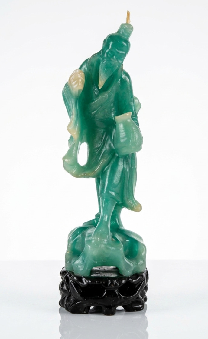 VTG Mid Century Wax Chinese Immortal Figure Candle Jade Green