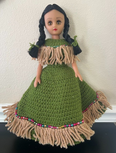 Vintage Green Native American Style Craft Doll 1970-80s hand crocheted clothes Vintage Green Native American Style Craft Doll 1970-80s hand crocheted clothes