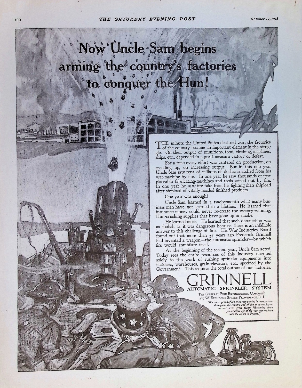 Original 1918 Grinnell Automatic Sprinkler Ad: WWI Uncle Sam Artillery Cannon