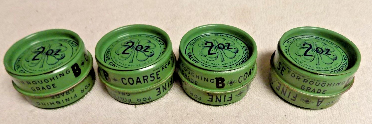 4 Cans Vintage NOS Advertising Clover Valve Grinding Tin Course & Fine 2 oz 4 Cans Vintage NOS Advertising Clover Valve Grinding Tin Course & Fine 2 oz