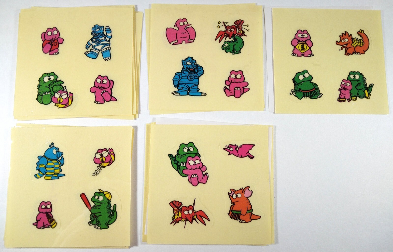 🟢🔥 5x GODZILLAND 1984 VINTAGE UNUSED STICKER SHEET SET MINILLA EBIRAH GODZILLA
