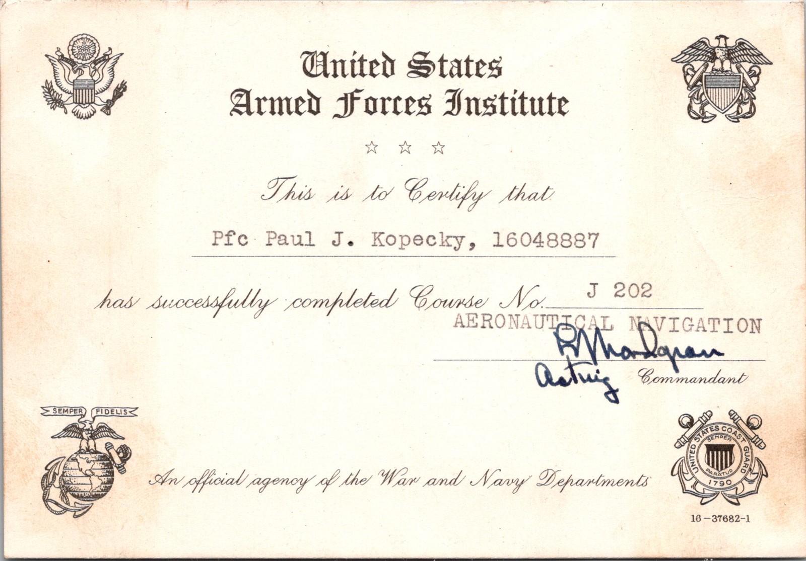 1940s United States Armed Forces Institute Aeronautical Navigation Certificate