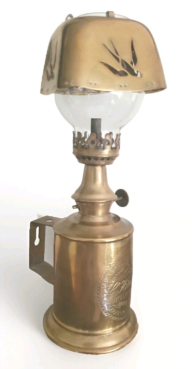 Antique French Oil Brass Lamp L\'hirondelle Swallow C 1900 Glass Globe Lampshade Antique French Oil Brass Lamp L\'hirondelle Swallow C 1900 Glass Globe Lampshade