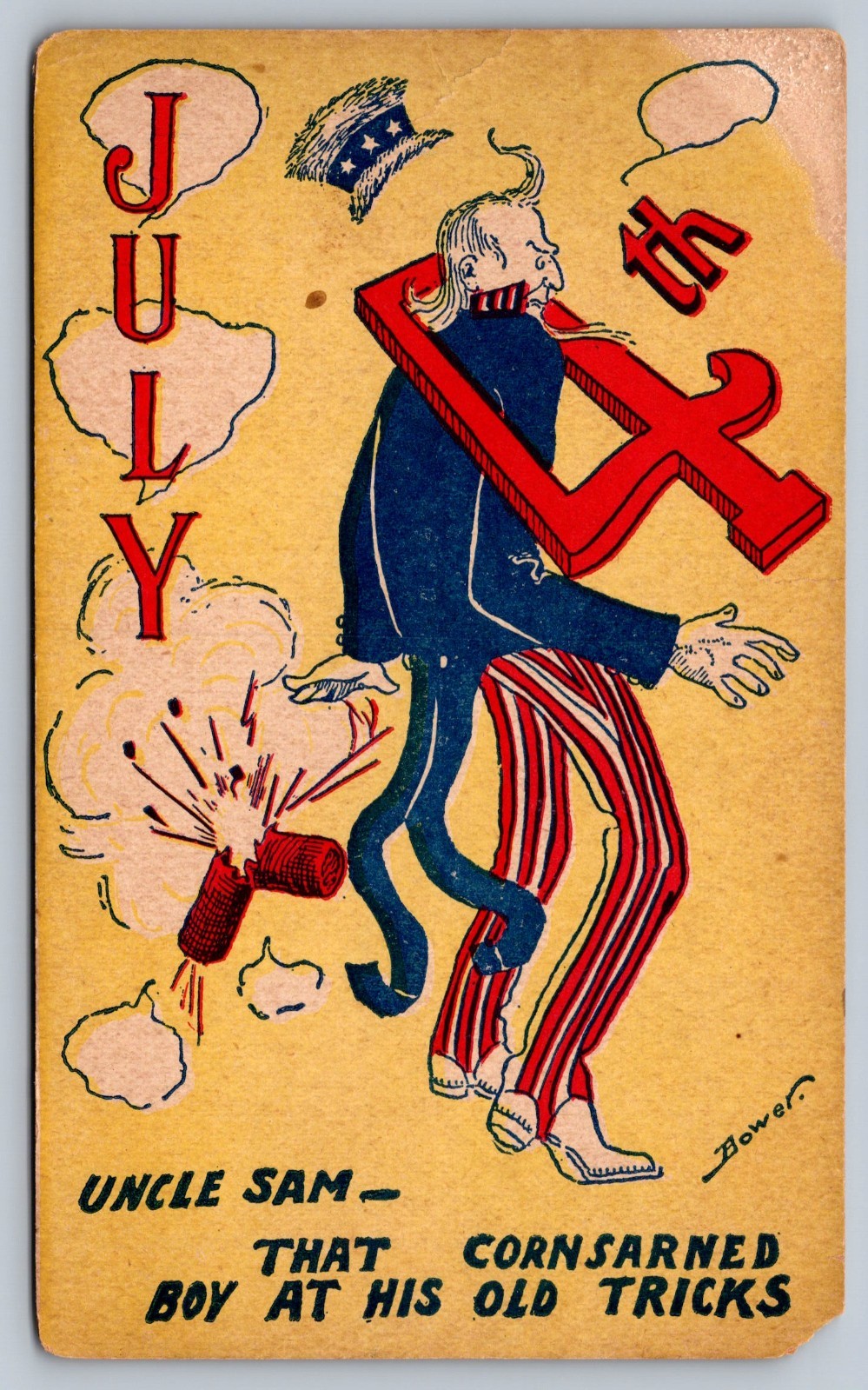 C1910 RARE JULY 4TH PC UNCLE SAM W/FIRECRACKERS & #4 CRASHED ON HIS HEAD C1910 RARE JULY 4TH PC UNCLE SAM W/FIRECRACKERS & #4 CRASHED ON HIS HEAD
