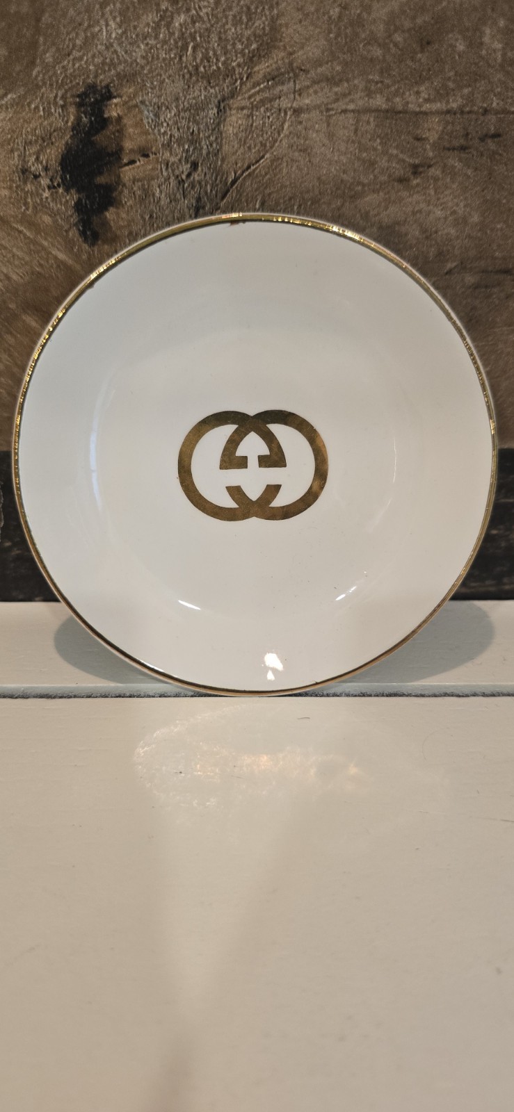 Vintage 1970s Gucci Porcelain Trinket Dish Gold Interlocking GG Logo Made Italy